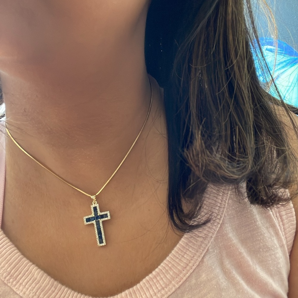 Blue Crystal Adorned Cross 18k Gold Plated On 18k Gold Plated